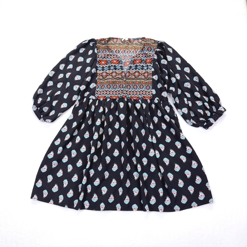 Umgee‎ Tunic Dress Womens Medium Navy Boho Aztec Print Babydoll Balloon Sleeve